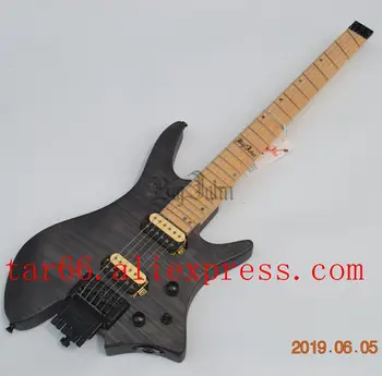 

free shipping fan fret gray flamed maple top headless electric guitar maple figerboard inlay logo BJ-188
