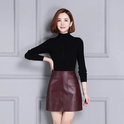 Женская тонкая кожаная юбка с высокой талией из овчины K111|high waist leather skirt|leather