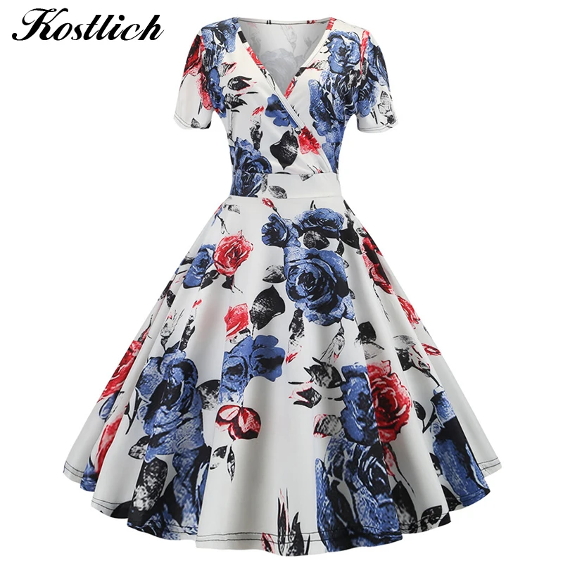 

Kostlich 50s rockabilly vintage dress women Flower print audrey hepburn dress V-neck elegant party dress Short sleeve