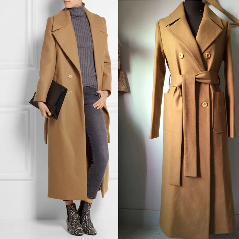 

New Autumn Winter Women Solid Long Woolen Coats Female Elegant Double Breasted Belt Outerwear Trench S-XXL W1835