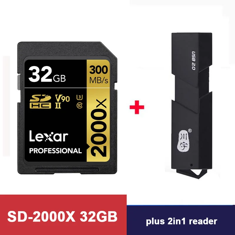 Оригинальная флеш-карта памяти Lexar SD, ограниченная серия, флеш-накопитель 2000x300 mb/s, SDHC/SDXC, UHS-II, класс 10, карты для цифровой зеркальной камеры 3d 4k - Емкость: 2000X-32G-2in1reader