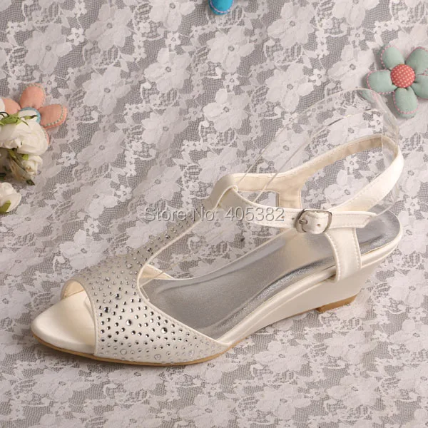 

Wedopus Sparkle Wedge Sandals Ivory Satin Wedding Shoes with Crystals Dropshipping