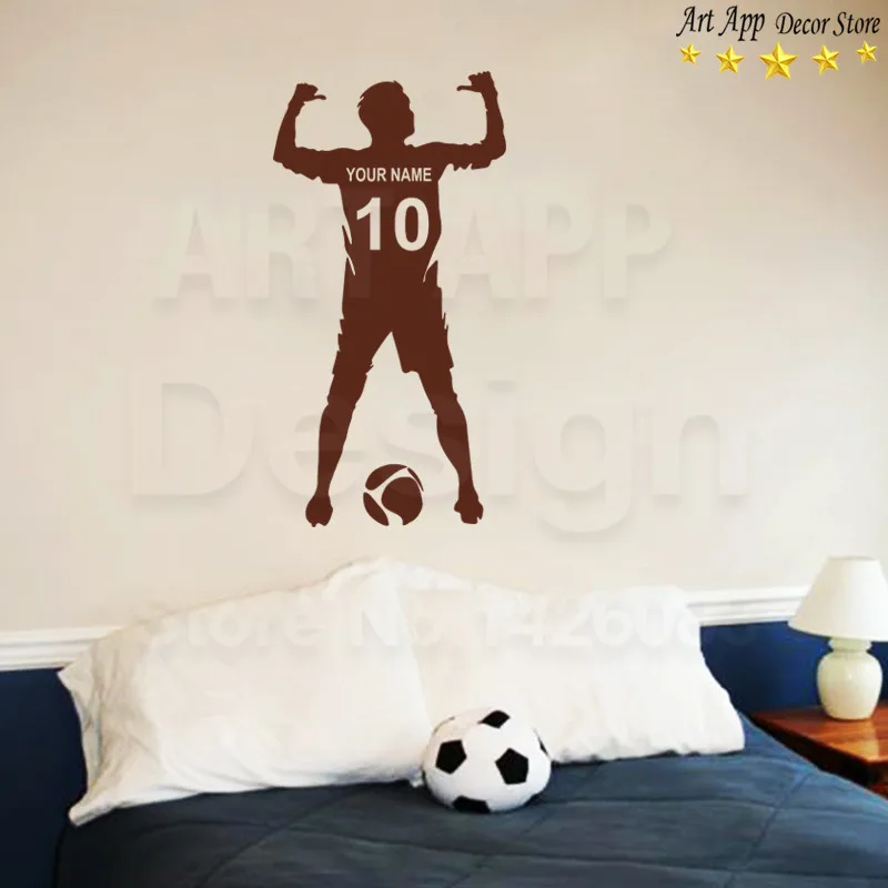 Высокое качество, дизайн с именем, дешевые украшения для дома, виниловые наклейки на стену с изображением футболиста, съемные наклейки с номером, спортивные наклейки на заказ