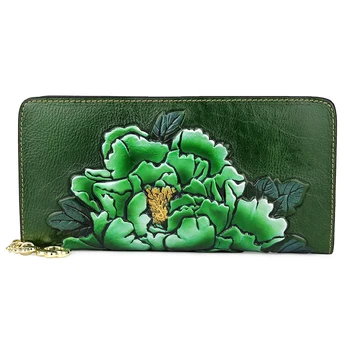 

Women Green Wallet Lady Purse Long Coin Wallets Embossing Flower Lady Wallet Clutch Genuine Leather Female Girl Phone Case