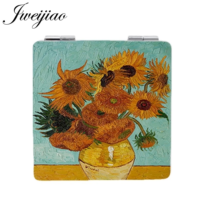 

JWEIJIAO van gogh Oil Painting Sunflower Makeup mirrors Famous paintings Starry sky Square leather pocket mirror for women ZZ74