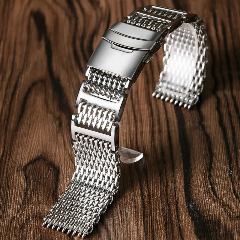 HQ Bracelet Cool Folding Clasp with Safety 20 24mm Women Men Silver Shark Mesh Solid Link 5