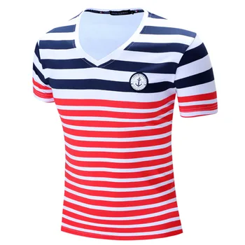 

2019 Brand Men T-shirt Casual V-neck Short Sleeve Tees Red White Striped Fashion Style Summer Tee Top Tshirt Male Cotton T Shirt