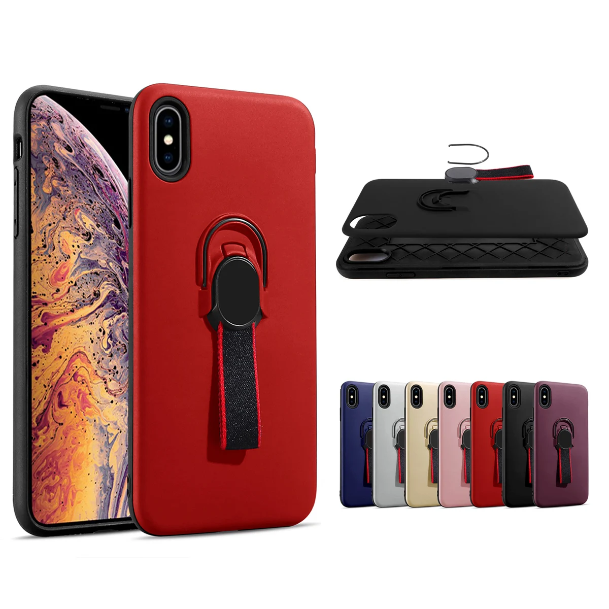 

PC TPU 2 in One Cases For Ipone 7 Plus X XS Max XR 8 6 6S 5 5S SE Plus Covers Ribbon Stand Ring Covers