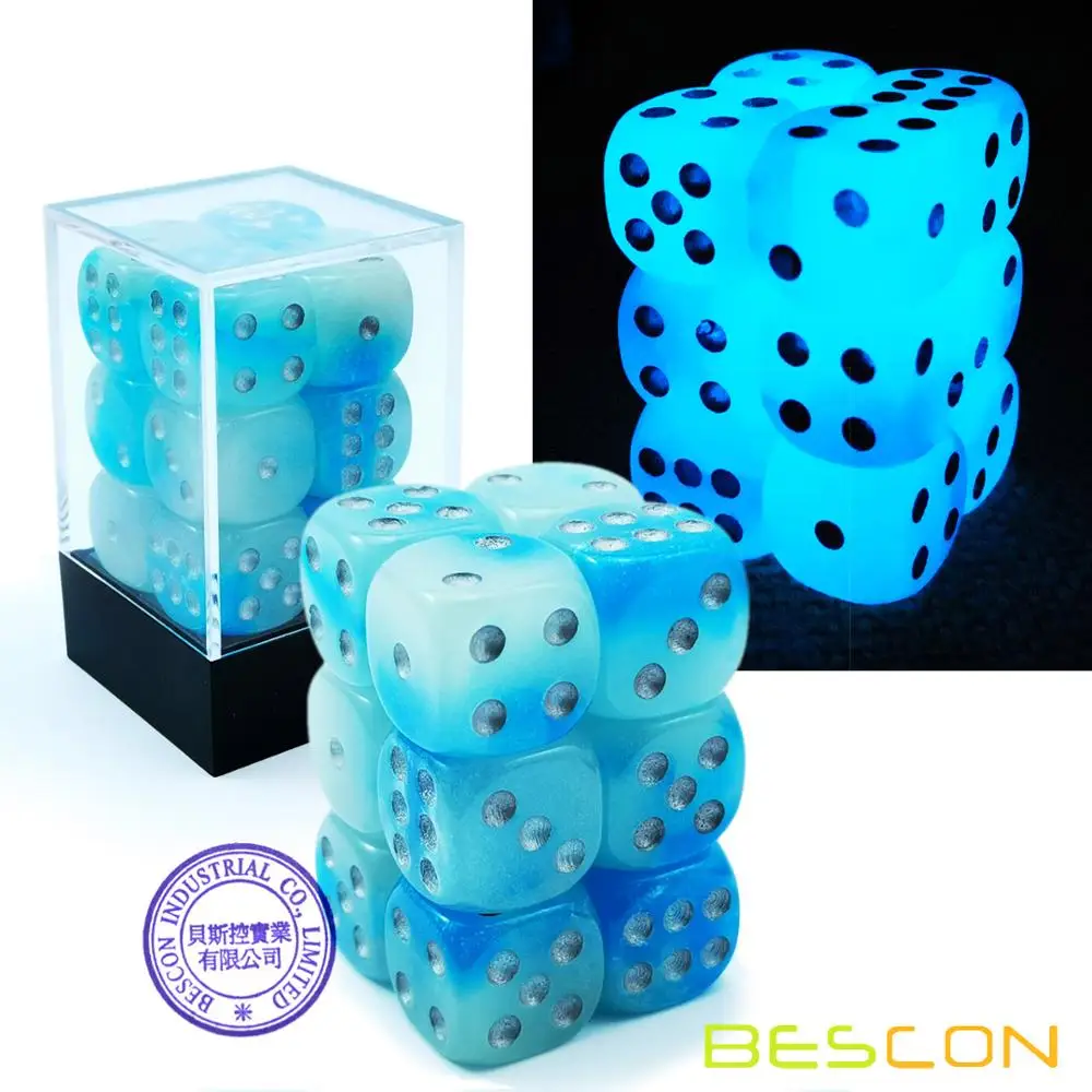 

Bescon Two Tone Glowing Dice D6 16mm 12pcs Set of ICY ROCKS, 16mm Six Sided Die (12) Block of Glowing Dice