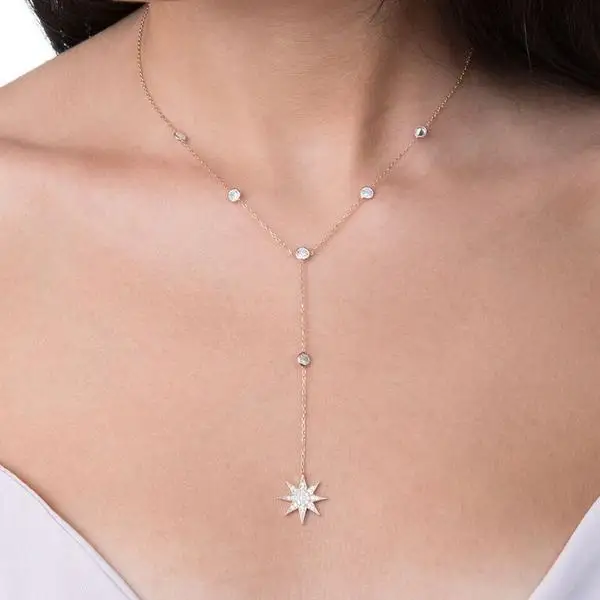 OL lady fashion jewelry sun burst charm pendant cz station link chain long sexy women lariat Long chain layer necklace - Image 6