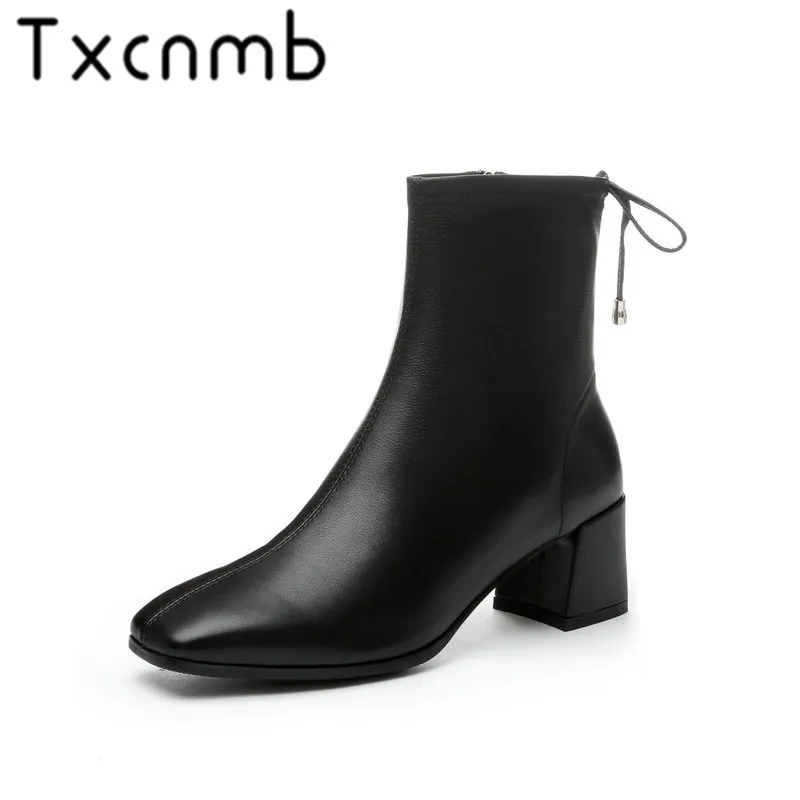 

TXCNMB Cow Genuine Leather Women Ankle Boots Black Beige Color Zipper Boots High Heel Casual Ladies Shoes for Autumn
