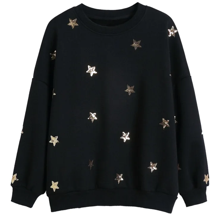 

KENVY Loose round neck casual star sequin embroidery black plus velvet padded Sweatshirts Top