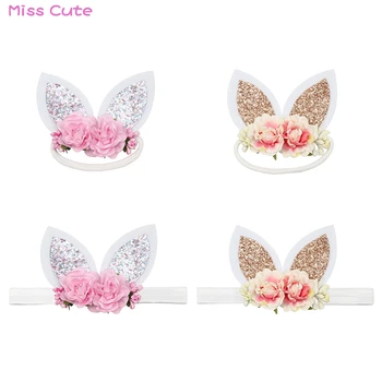 

Cute Newborn Headband Rabbit Ears Headbands For Girls Flower Nylon Headband Easter Hair Accessories Glitter Bunny Ears Head Band
