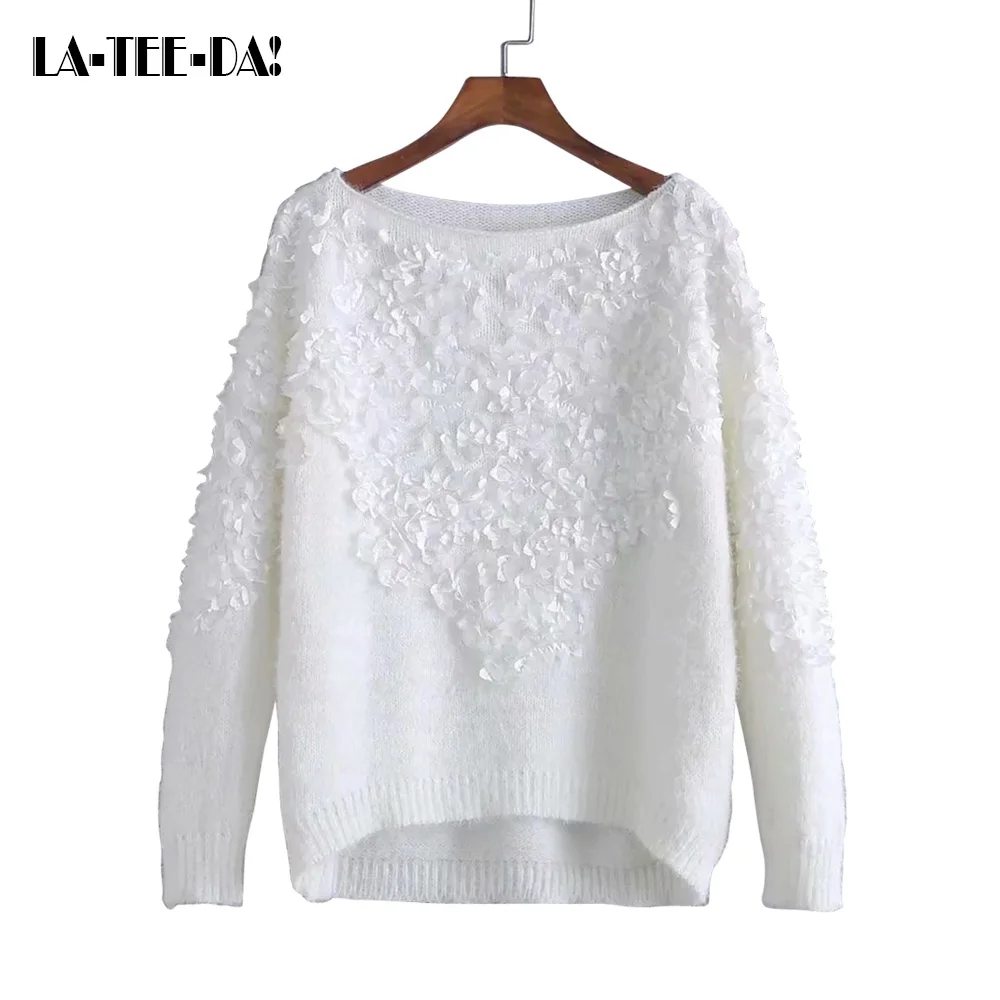 

LTD1198289 ELYB New Pullover Appliques 3D Flowers Sweater Women Faux Mink Cashmere Streetwear Lady Slash Neck Loose Top Vestidos