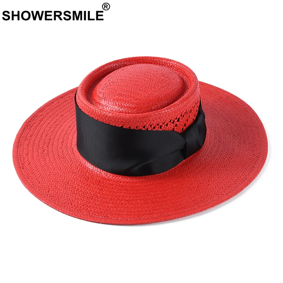 

SHOWERSMILE Red Summer Hat Women Paper Straw Hat Female Beach Flat Big Bowknot UV Protection Lace Up Fashion Ladies Panama Hat