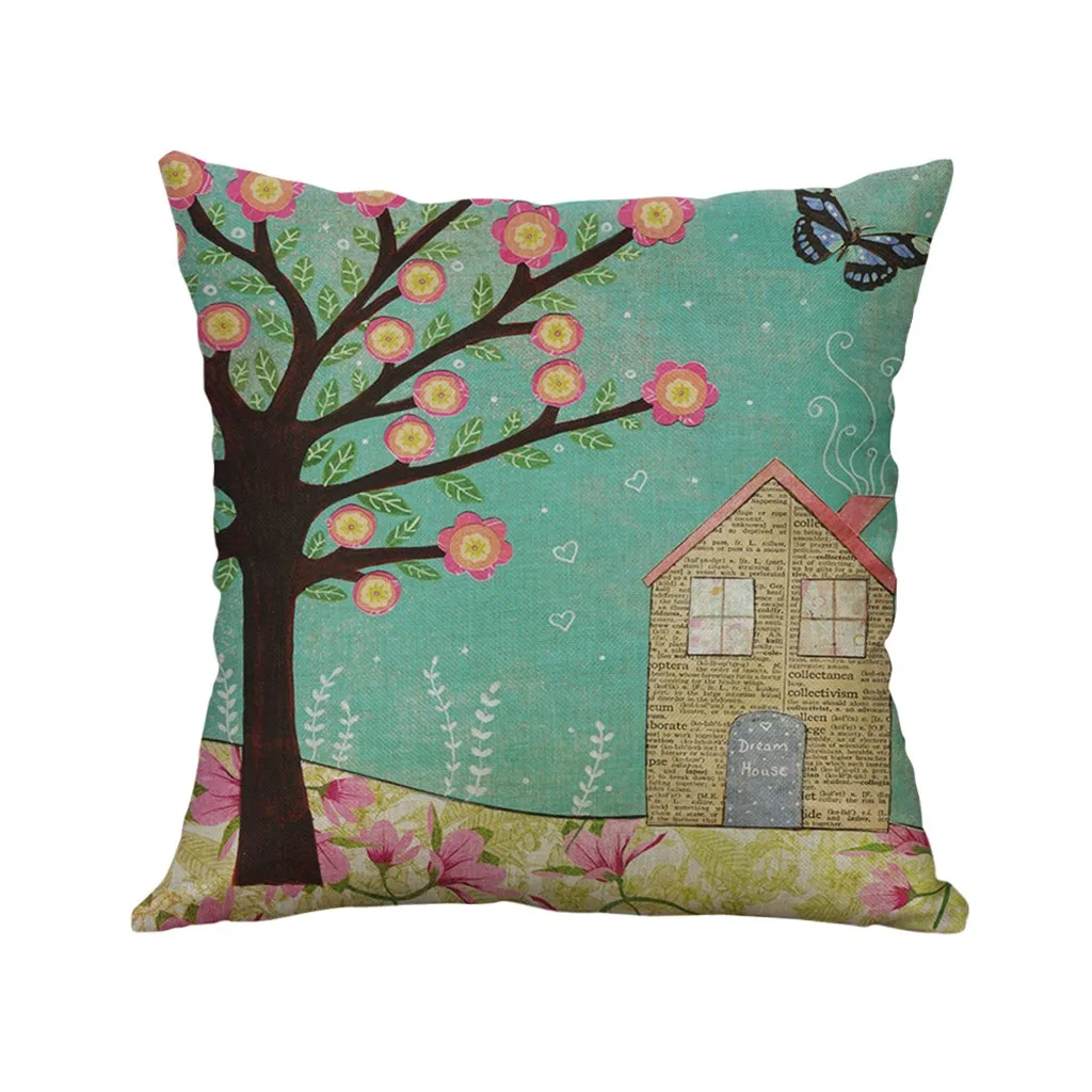 Simple Linen Blend 45*45cm Pillowcase Cute Cartoon Flower House Cushion Cover Home Bedroom Sofa Chair Decorative Pillowcase|Наволочка| |