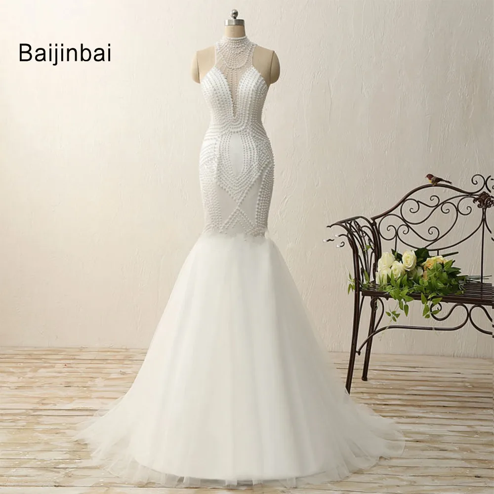 Baijinbai See Through Back White Sexy Mermaid Evening Dresses 2019 Chiffon Pearls Floor-Length Party Robe De Soiree7021 | Свадьбы и