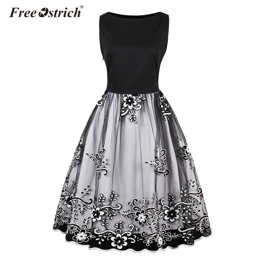 

Free Ostrich Vintage Dress Women 2019 New Dresses Floral Print Party Dress Black Elegant Female