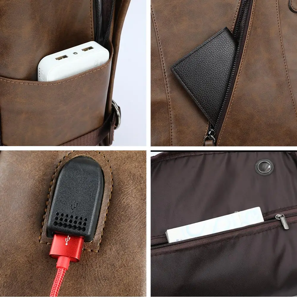 Alena Culian New Men Leather Casual Backpack Bag With Headphone Hole Men's School Backpack External USB Bagpack For Men Travel