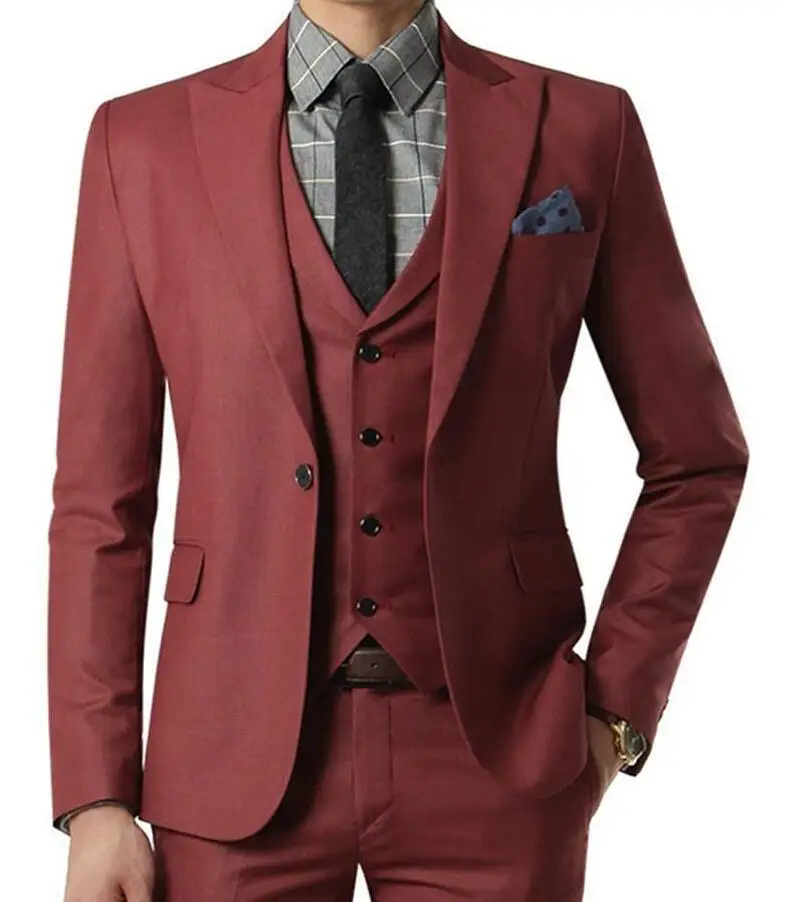 Красный свадебный мужской костюм остроконечный воротник Slim Fit 3 шт. куртка+ брюки+ жилет для свадьбы парадный смокинг костюмы на заказ