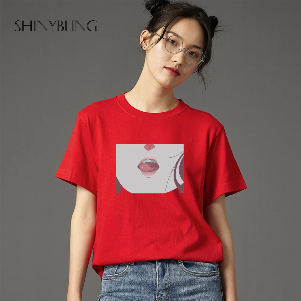 Tee Shirt Femme Lip Sexy TShirt Kawaii Korea Ulzzang Harajuku Print Women White Black Grey T-Shirt Casual Loose Short Sleeve Top Tops
