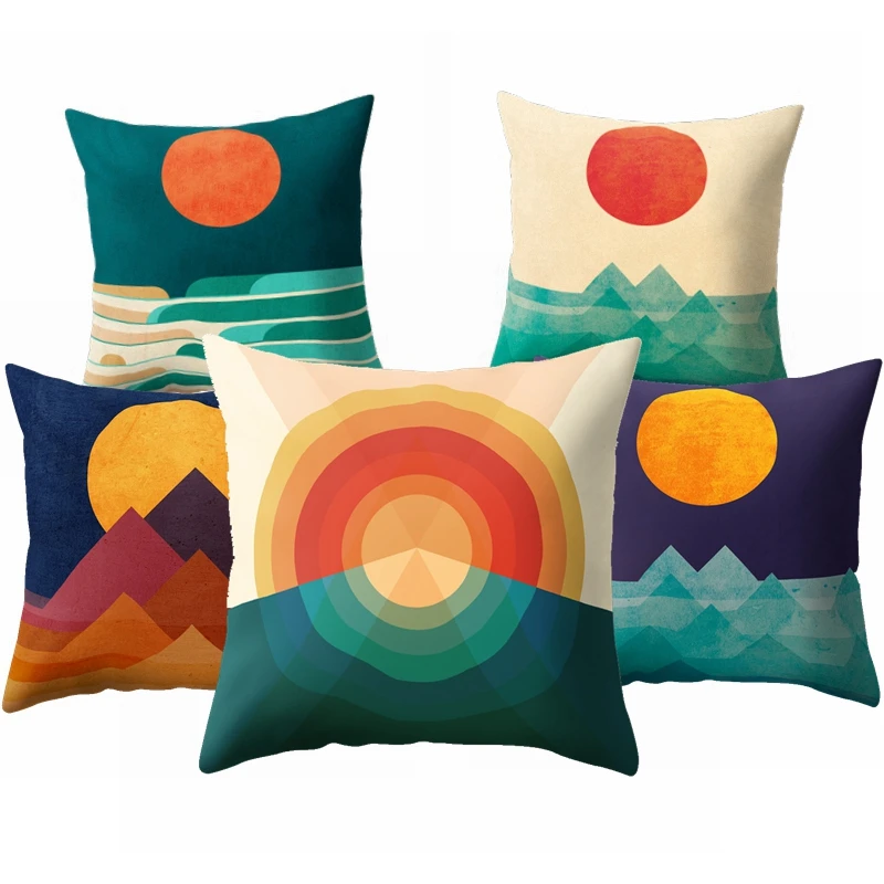 

45x45cm Colorful Sun Moon Mountain Gold Peaks Rivers Geometric Abstract Pattern Colorful Retro Cushion Cover Sofa Pillow Case