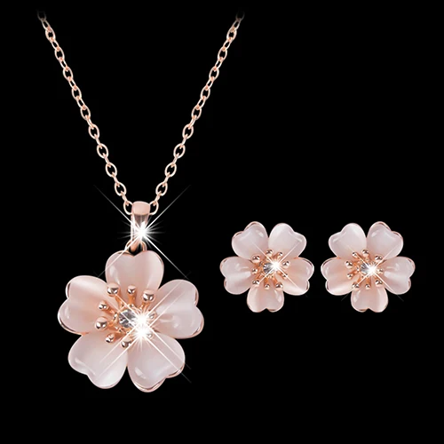 

Rose Gold Crystal Opal Necklace Earrings Wedding Jewelry Set Gift Flower Shape Women Fashion Jewelry Sets 747C
