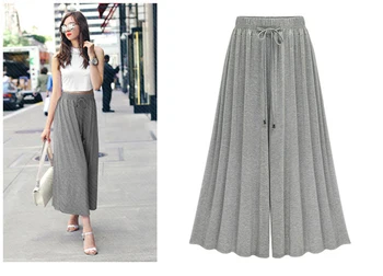 

Women's Pants 2018 Summer Elastic High Waist Drawstring Ankle Length Wide Leg Pants Plus Size Loose Trousers For Women