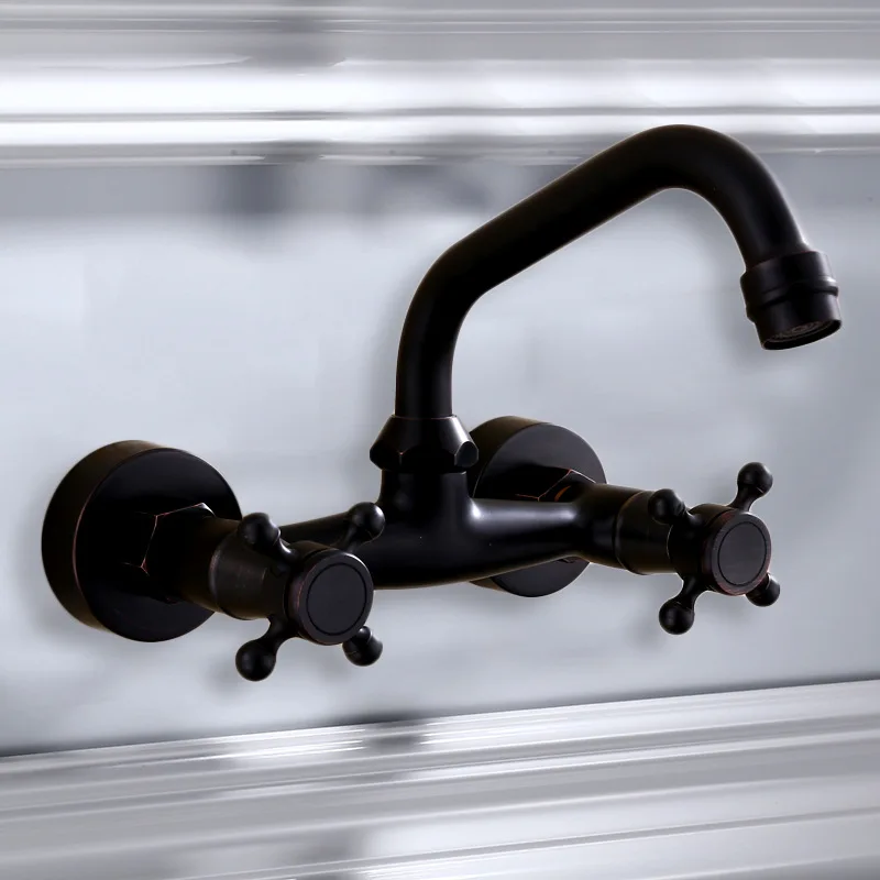  Antique Carved Solid Brass Bathtub Faucet Wall Mounted Double Handle Hot and Cod Mixer Kitchen Blac - 33035839221