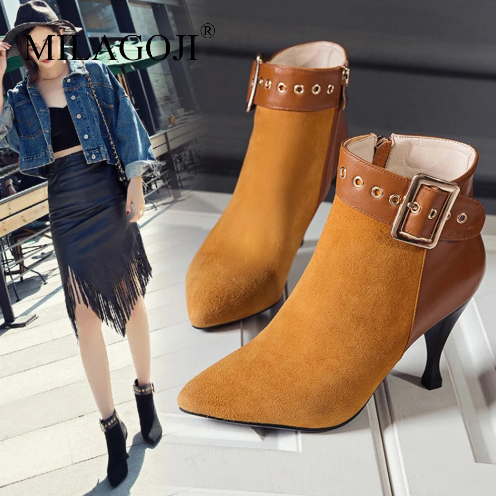 

Women Shoes 2018 Button Full Grain Leather Kid Suede Black Yellow Winter Ankle Boots MILAGOJI Patchwork Poly Urethane Zip Shoes