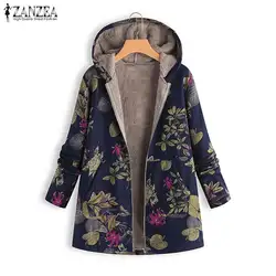 2019 ZANZEA Для женщин Меховая Подкладка куртки осень-зима теплые принтом пальто с длинными рукавами верхняя одежда с капюшоном на молнии