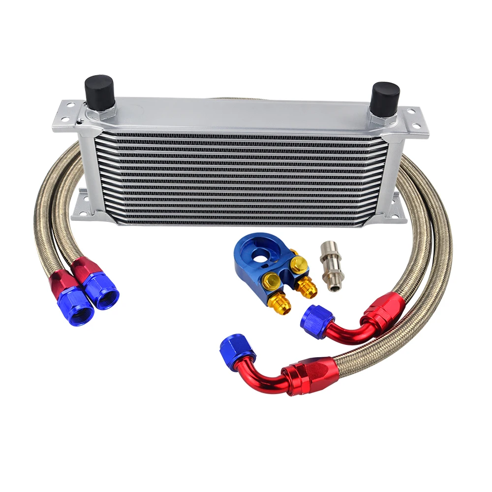 UNIVERSAL 16 ROWS OIL COOLER KIT +OIL FILTER SANDWICH ADAPTER + STAINLESS STEEL BRAIDED AN10 HOSE W/ PQY STICKER+BOX