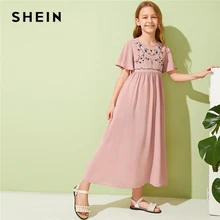 SHEIN/Детское платье для отдыха для девочек с вышивкой спереди и пуговицами; коллекция года; летние длинные платья трапециевидной формы с рукавом-бабочкой в стиле бохо для детей