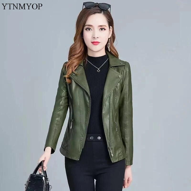 Женская кожаная куртка YTNMYOP Повседневная Верхняя одежда армейского зеленого