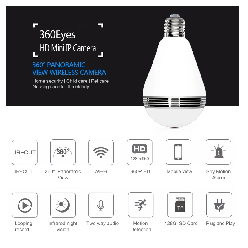

New Wireless IP Camera 1.3MP Mini Lamp WIFI Camera 960P 360 Degrees Panoramic FishEyes Lens HD Bulb Light Support 128GB TF Card