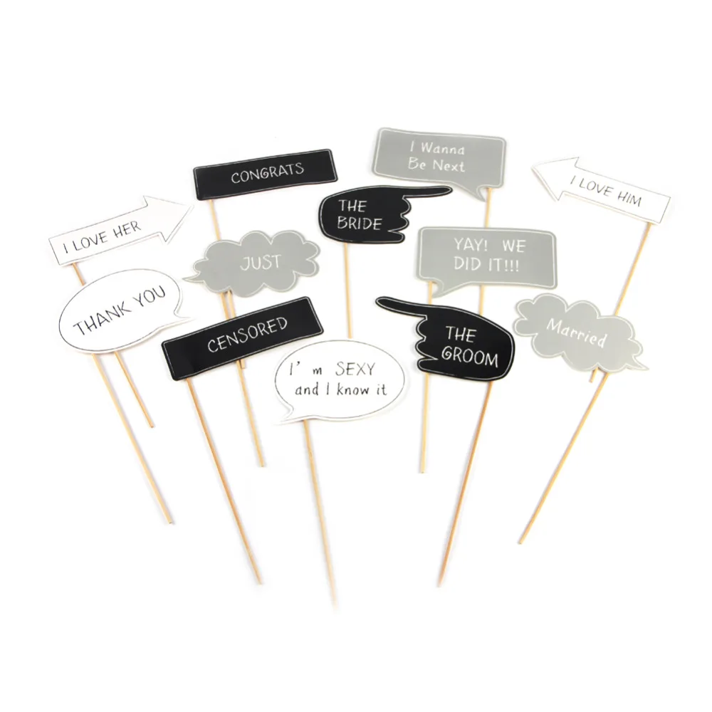 

Set of 12 Wedding Photo Booth Props Kit Chalkboard Speech Bubbles Signs Photo Props on a Stick Engagement Party Supplies