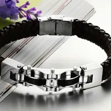 Высокое качество 48 г модные ювелирные изделия из натуральной кожи из нержавеющей стали мужские 12 мм браслет серебро