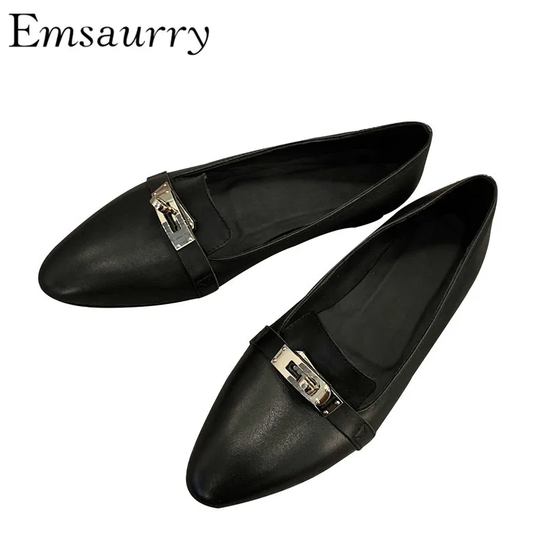 Black Genuine Leather Flat Shoes Sexy Pointed Toe Silver Lock Buckle Slim Spring Autumn Shoes Woman Zapatos Mujer