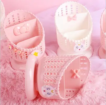 

Fashion 3 Grids Pink Plastic Storage Box Cute Cat Desktop Pen Holder Jewelry Cosmetic Remote Control Sundries Storage Box