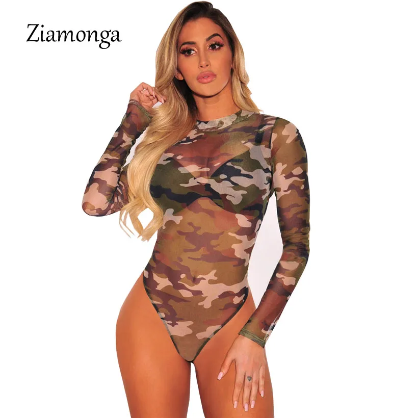 

Ziamonga 2018 Women Bodysuit Long Sleeve Mesh Camouflage Print Rompers Ladies Lace Bodysuit Top Macacao Body Feminino Jumpsuit