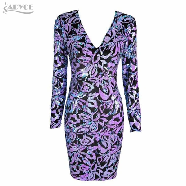 Violet Женское короткое вечернее платье ADYCE, фиолетовое роскошное платье с длинными рукавами и блестками в стиле звезд, для подиума и клуба, для осень - Цвет: Violet
