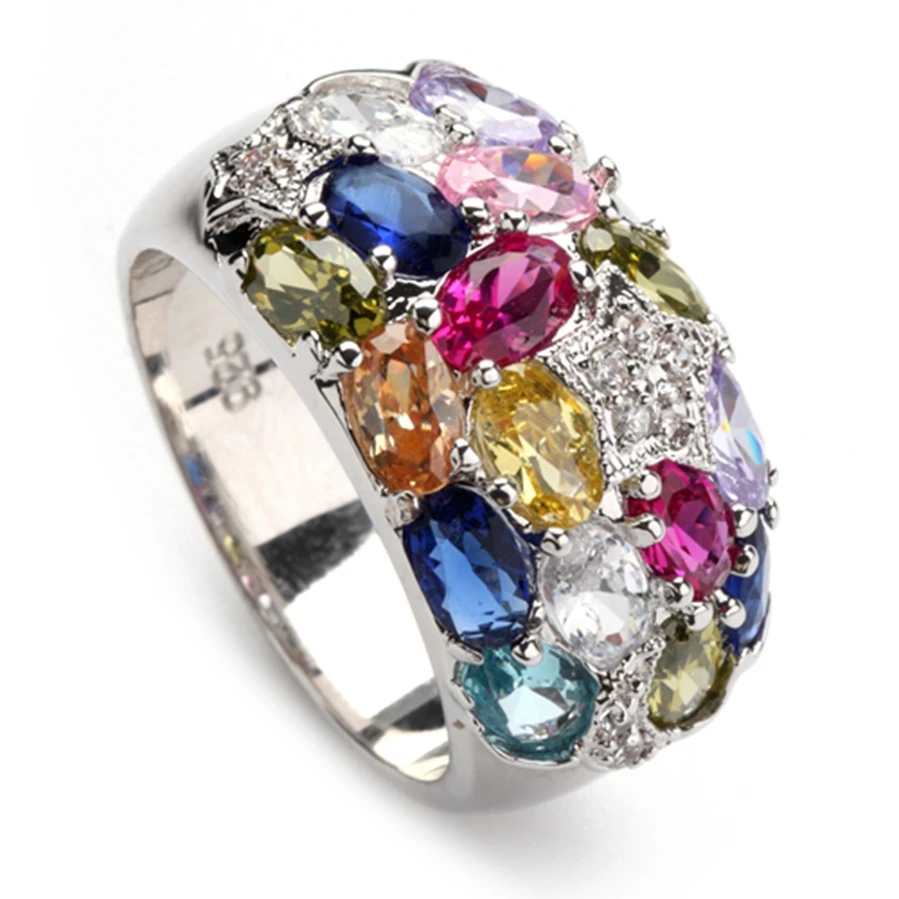 

Fleure Esme Jewelry Silver Plated RINGS Wholesale Pink red Peridot Morganite Blue yellow Purple Cubic Zirconia R373 sz# 6 7 8 9