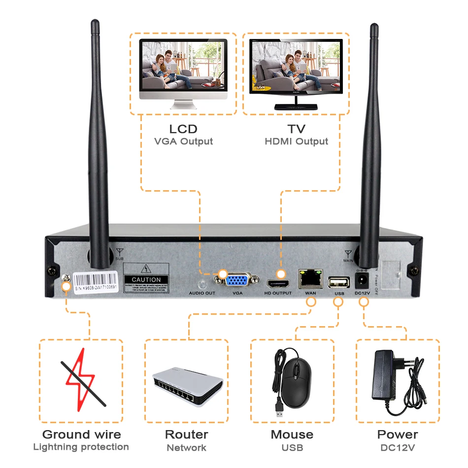 Hiseeu HD 1080P Беспроводная система видеонаблюдения 2 м 8ch Wi Fi NVR комплект наружного ИК