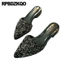 Домашние тапочки мулы черный женщин плоские слайды Фарфор для обуви Остроконечные свадьба кристалл белый горный хрусталь большой размер сандалии Мода европейская красивая весенняя осень отправка капель последние