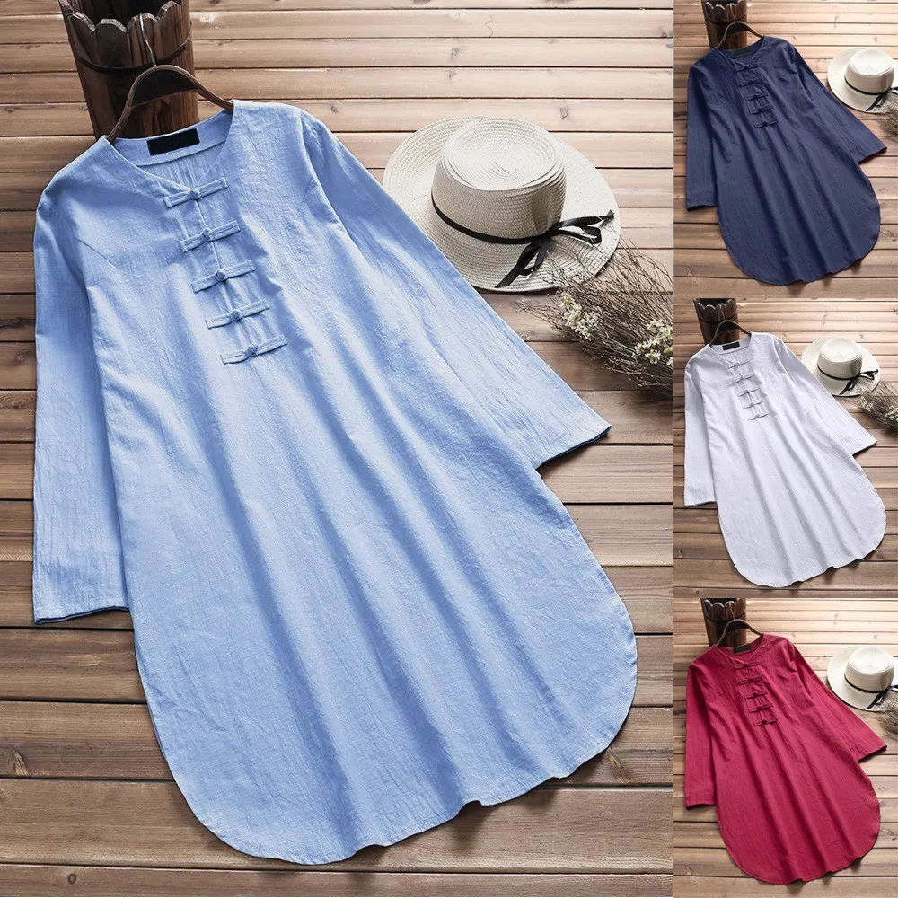 

features solid button design Women Plus Size Bohemia Casual Solid Button Half Sleeve Cotton Linen Dress Drop Shipping