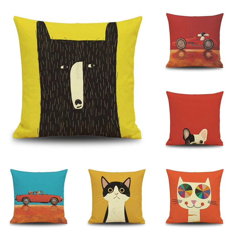 

Simple High Quality Watercolor Cartoon Cat Dog Cushions Cover Home Decor Linen Pillow Cover Car Sofa Throw Pillows Pillowcase