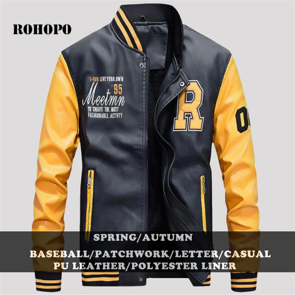 

AFS JEEP Autumn Man's Patchwork Full Sleeve Casaul Motorcycle and Biker PU Leather Jacket,Fashion Man's Basebol Leather Outwear