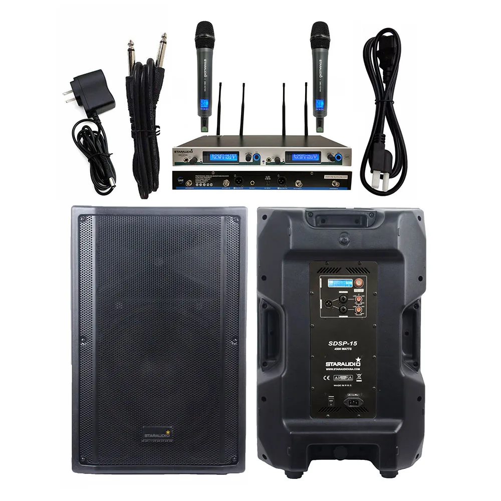 

STARAUDIO 15" 4500W PA 4-Ohm DJ Active DSP Speaker Disco Powered Speaker 2 Channel UHF IR Wireless Handheld Microphone SDSP-15