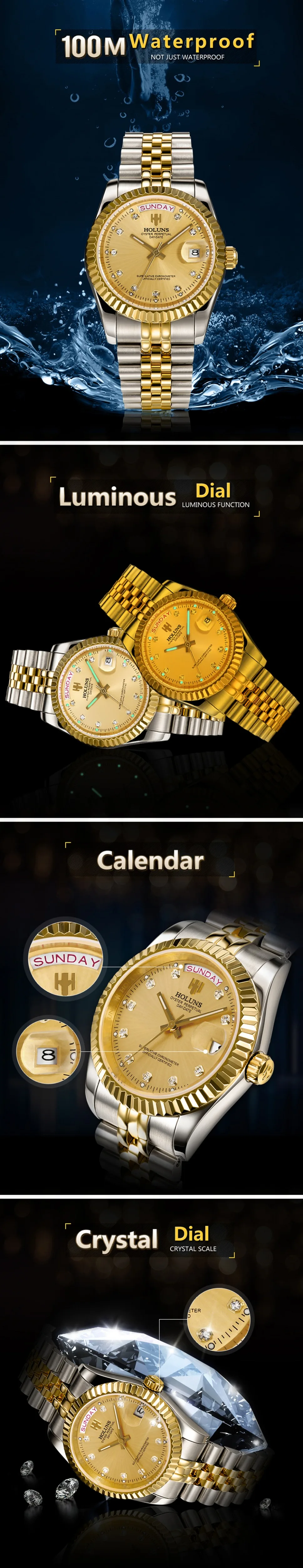 Высококачественные мужские автоматические механические часы, классические ролевые часы, светящиеся бриллианты, календарь, мужские армейские наручные часы, водонепроницаемые