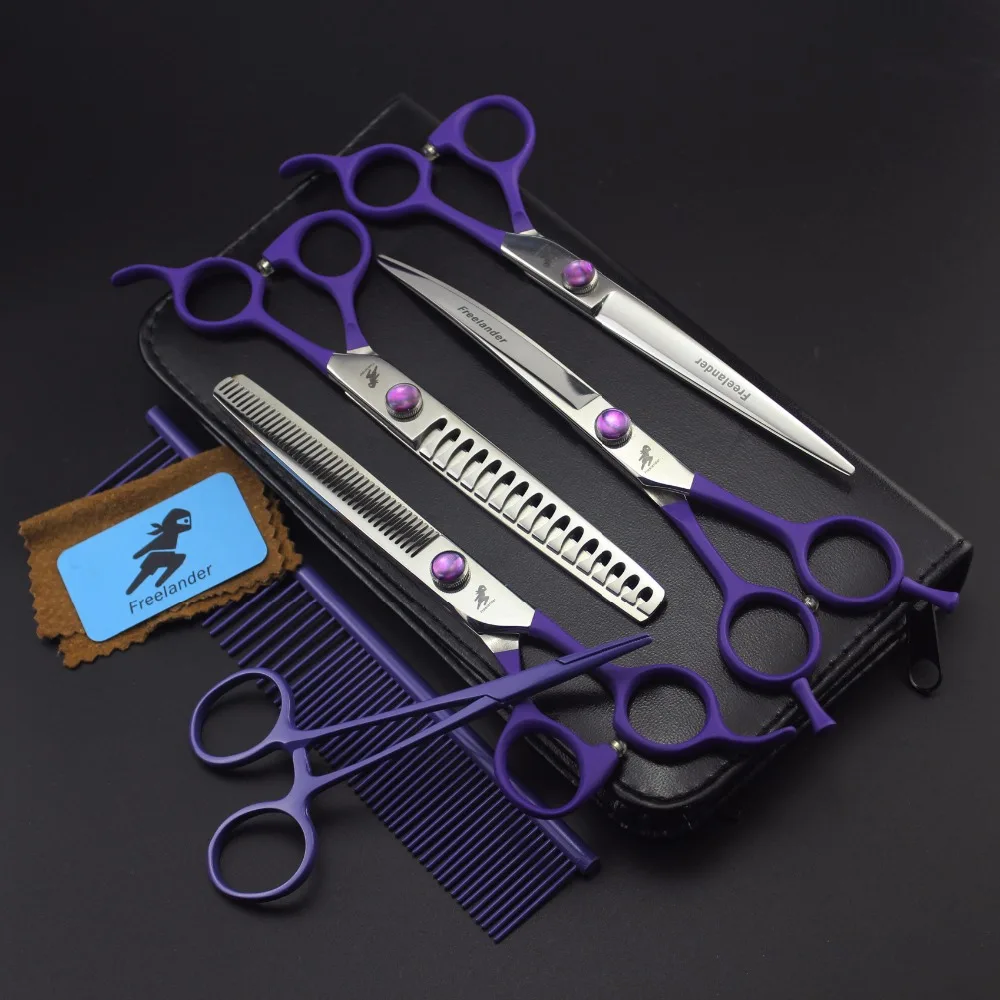 7 Профессиональный Комплект для ухода за шерстью домашних животных прямые и истонченные ножницы и изогнутые части 4 шт., фиолетовые прямые ручки